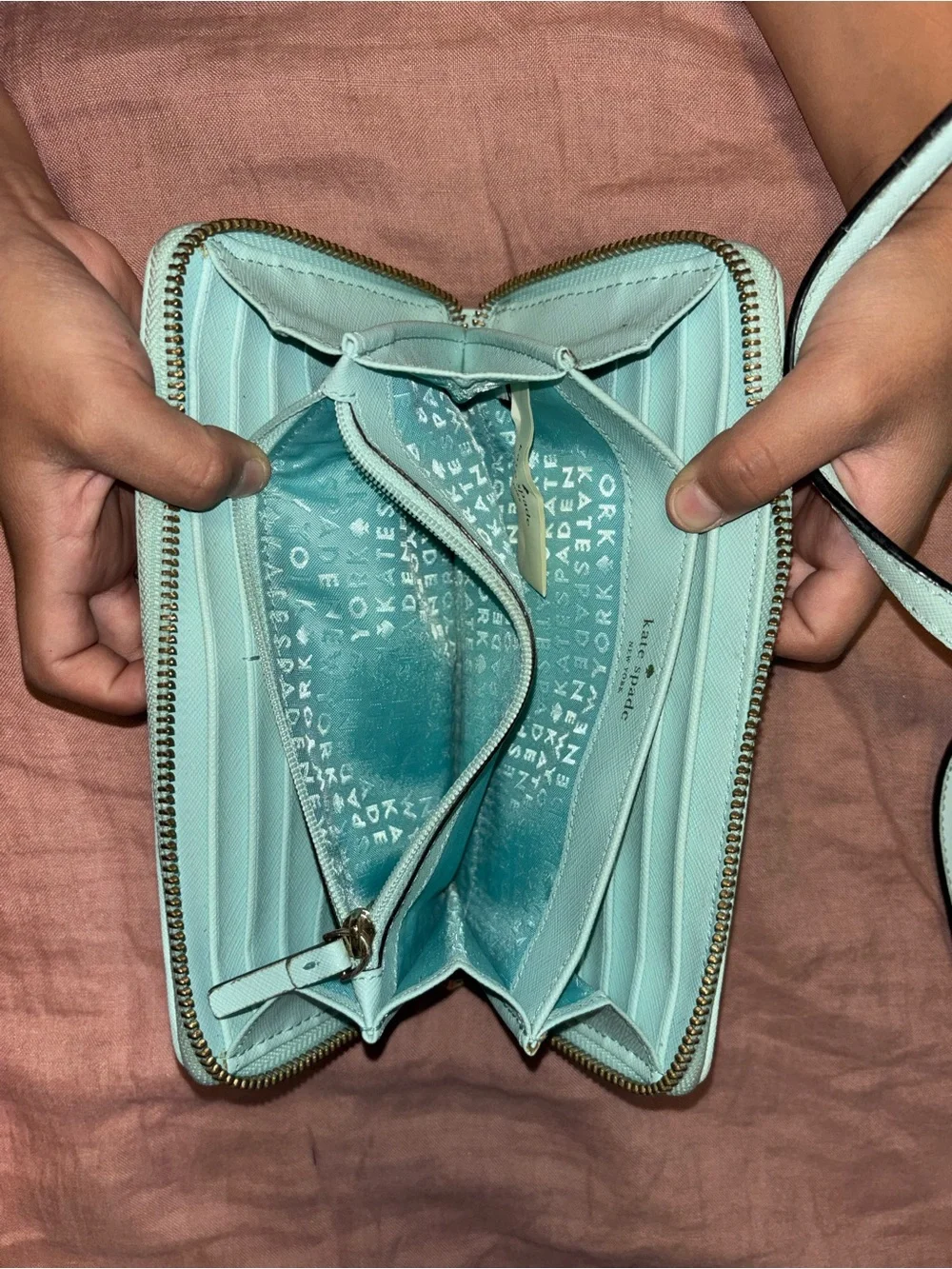 kate spade mint perforated tote with matching zip wallet
